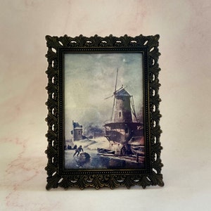 Vintage Miniature Brass Toned Framed Coastal Scene, Made in Italy, Old World Art
