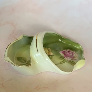 Antique R.S. Germany Basket Style Dish, Green Floral Roses Design, Bon Bon Basket