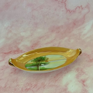 Vintage Hand Painted Scenic Lusterware Dish With Swan, Porcelain Gold Trinket Dish, Made In Japan