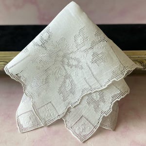 Vintage White Pulled Thread And Embroidered Floral Hankie Handkerchief, Bridal/Keepsake/Heirloom Handkerchief