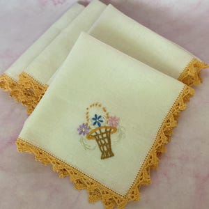 Vintage Hand Embroidered Ivory & Gold Luncheon/Cocktail Napkins - Set of 4, Handmade Table Linen