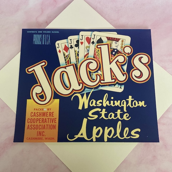 Vintage Mid-Century Original Fruit Crate Label Jacks Washington State Apples, Stock Label Jacks Poker Hand 4 Of A Kind