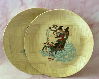 ヴィンテージの中国製竹皿コレクション、歴史を描いた絵皿6枚セット