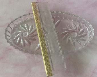 Vintage Gemlite Vanity Hair Comb, Gold Tone Filigree Metal With Clear Plastic Comb, Hollywood Regency