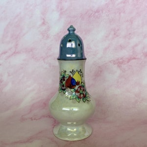 Vintage Antique Tall Blue & White Lusterware Hand Painted Floral Japanese Muffineer Sugar Shaker, Made in Japan