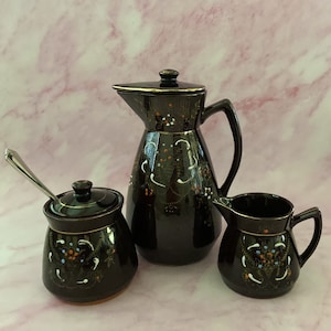 Vintage Hand Painted Japanese Moriage Redware Tea Set, Dark Brown Glaze
