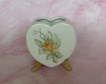 Vintage Hand Painted Yellow Rose Footed Heart Vase Planter, Mini Porcelain Heart Vase, Limoge Style Heart Vase