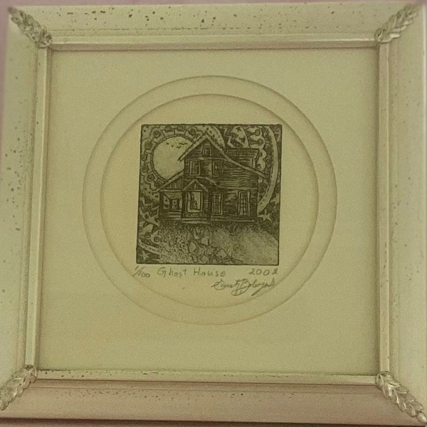 Vintage Ghost House Ink Drawing, Artist Signed, Framed