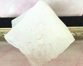 Vintage White & Pink Floral Embroidered Cotton Hanky, Bridal/Keepsake/Heirloom Handkerchief