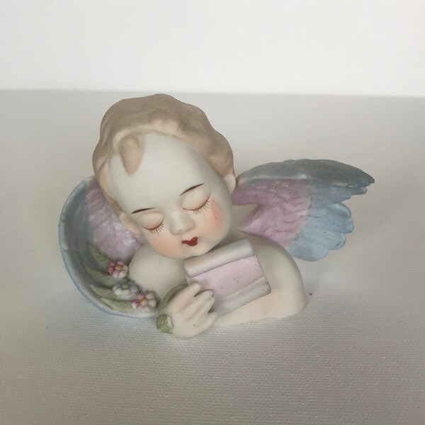 Vintage Lamore Ceramic Bisque Angel Bust Figurine, Made In Occupied Japan