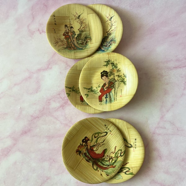 Vintage Asian Round Bamboo Drink Coasters, Retro Coasters
