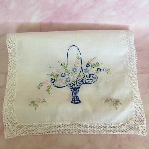 Vintage Hand Embroidered Flower Basket With Crochet Lace Trimmed Dresser Scarf/Table Runner, Blue & White