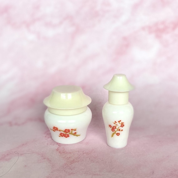 Vintage AVON Collectible Milk Glass Imperial Garden Sachet Jar and Mini Perfume Rollette