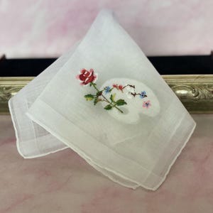 Vintage Collectible White Sheer Handkerchief Embroidered Rose & Artist&#39;s/Painter&#39;s Palette, Keepsake Gift Handkerchief