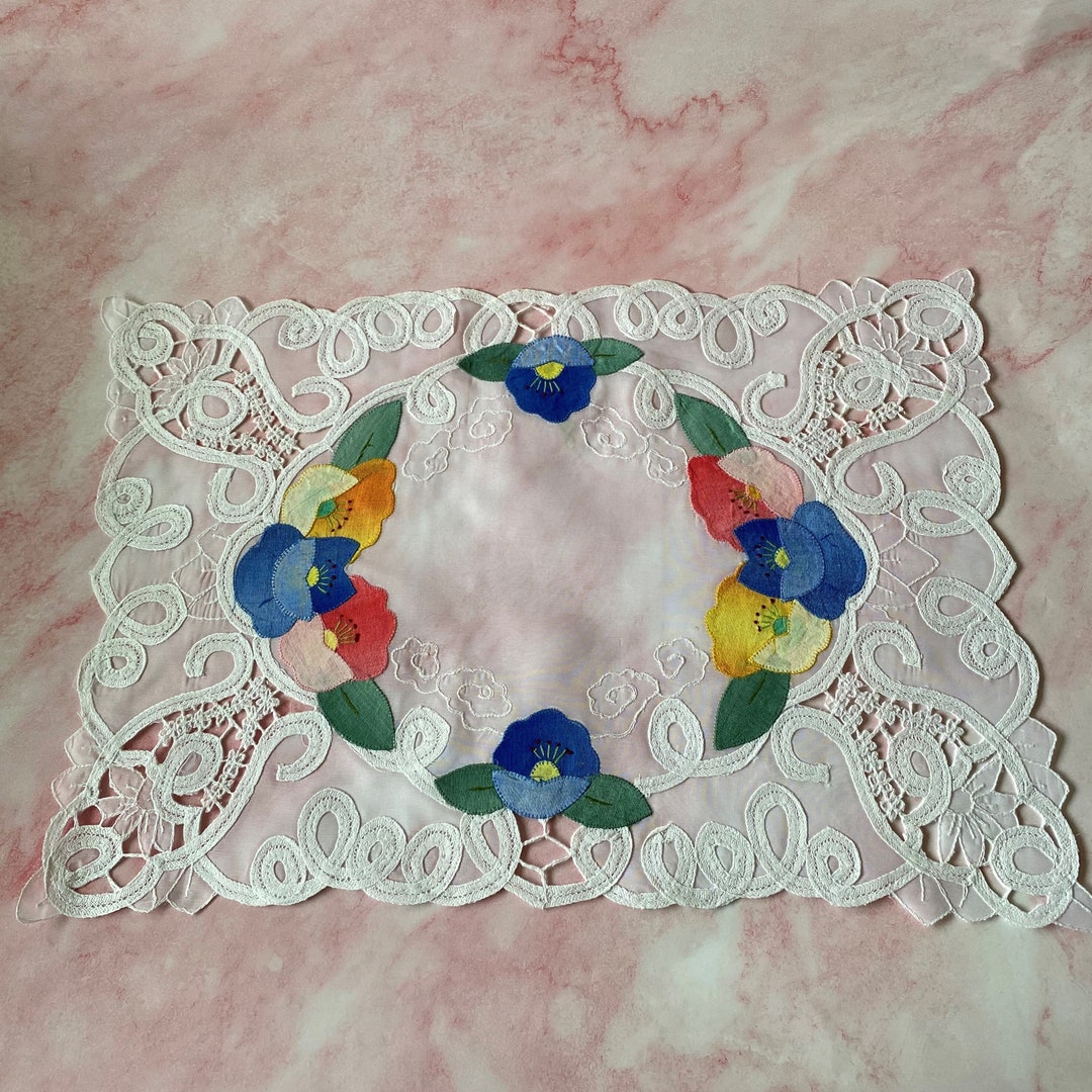 Vintage Organza Battenburg Lace Trim Rectangular Placemats, Floral Appliqué, Set of Six, Garden