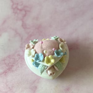 Vintage White Porcelain Heart Pin Cushion: Applied Pastel Flowers