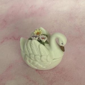 Vintage Lefton China Hand Painted Swan Trinket Box With Applied Florals, Mini Floral Swan Figurine