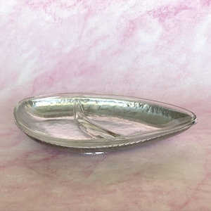 Vintage Hammered Aluminum Tray With Divided Clear Glass Insert, Art Deco Style Relish Serving Dish