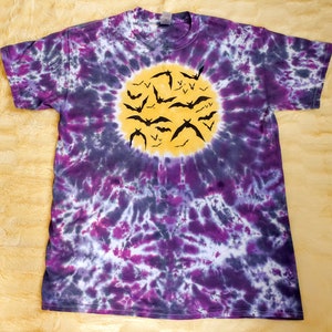 Handmade Tie Dye Spooky Halloween Moon Bat Unique Halloween t-shirt Fall Clothing