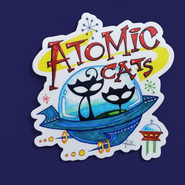 Atomic Cat Logo Sticker!  Ride the groovy cosmic skies with Jake and Elwood .  Sticker Size: 3.73″ × 4″