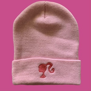 pink world beanie | embroidered pink beanie | embroidered knit beanie