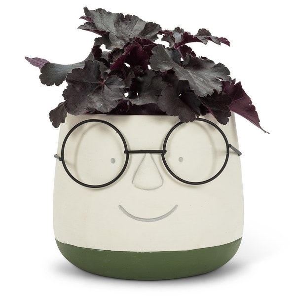 Face Planter with Glasses | White Floral Planter | Indoor and Outdoor Flower Design Planter | Cement Planter | Contemporary Planter