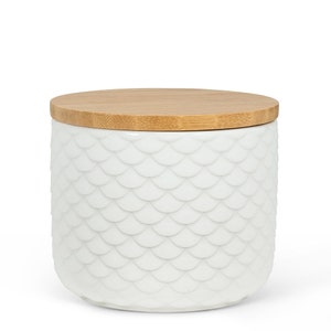 Scallop Textured White Canister with Bamboo Lid | Tea Canister | Tea Accessory | Stoneware Canister & bamboo Lid | Luxury Kitchen Accessory