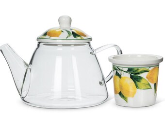 3pc Lemon Tree Clear Teapot & Strainer | Lemon print teapot stainer | Summer Decor |  Lemon Print Teapot | Metal Tea Stainer| Clear glass