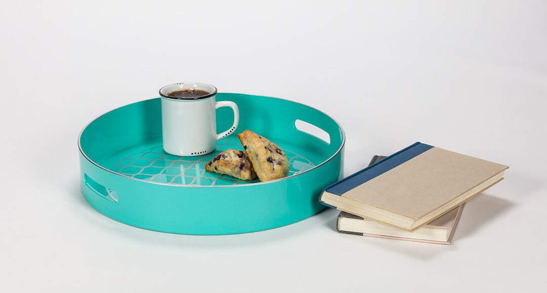 Glossy Round Serving Tray With Handles in Black or Turquoise Serving