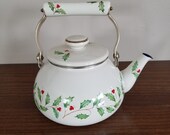 Lenox Holiday Enamel Large Tea Kettle - Holly Berries and Leaves - Vintage - Christmas