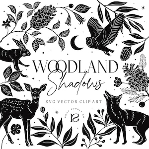 Set di clipart vettoriali "Woodland Shadows", illustrazioni SVG, animali disegnati a mano, creature della foresta, cervi, cerbiatti, volpi, lupi, gufi, linoleum, eleganti