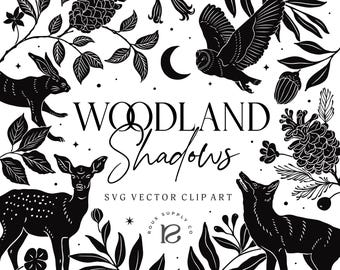 May include: Black and white SVG vector clip art featuring woodland creatures and foliage. Includes a deer, rabbit, fox, and owl, along with pinecones, leaves, and a crescent moon. The text "WOODLAND Shadows" is prominently displayed.