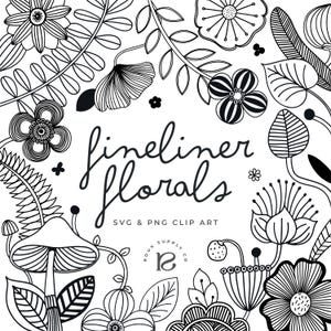 Könnte beinhalten: Schwarz-weißes florales Clip-Art mit verschiedenen Blumen- und Blattdesigns. Der geschwungene Text lautet "fineliner florals", darunter "SVG & PNG CLIP ART". Enthält einen Pilz und andere botanische Elemente.