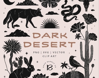 Imágenes prediseñadas de animales del desierto del suroeste: estilo linograbado (PNG, SVG)