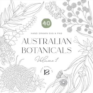 Puede incluir: Un conjunto gráfico digital con arte lineal en blanco y negro de plantas botánicas australianas. El texto dice 40, HAND DRAWN SVG & PNG, AUSTRALIAN BOTANICALS, Volume 1, y ROUX SUPPLY CO con un logotipo. El diseño incluye varias flores nativas.