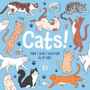 Puede incluir: Una ilustración digital sobre un fondo azul claro que muestra varios gatos en diferentes poses, una pecera, una mariposa, un ratón y huellas de patas. El texto dice Cats! PNG | SVG | VECTOR CLIP ART y ROUX SUPPLY CO con un logotipo.