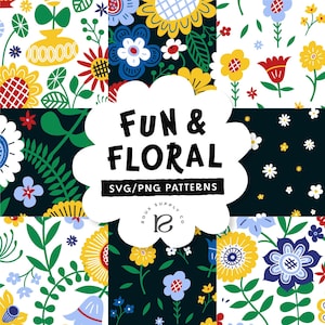 Blommig SVG-mönstersamling, Kitsch 90-talsblomvektorer (PNG-färgprover)