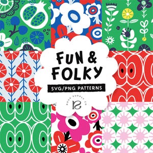 May include: A collection of colorful, repeating patterns with floral and abstract designs. The patterns feature bold colors like red, blue, green, and pink. The text "FUN & FOLKY SVG/PNG PATTERNS" is displayed in a cloud-shaped graphic.