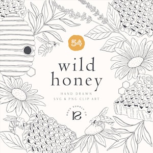 May include: A black and white line art illustration featuring a beehive, honeycombs, bees, and flowers. The text reads 54 wild honey HAND DRAWN SVG & PNG CLIP ART and includes a logo with the letters RS for Roux Supply Co in the center.