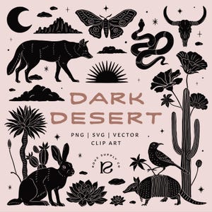 Peut inclure: Une collection d'illustrations noires sur le thème du désert sur fond rose clair, comprenant un coyote, un lapin, un tatou, un serpent, un papillon, un crâne, un cactus et un soleil. Le texte indique DARK DESERT, PNG | SVG | VECTOR, CLIP ART, ROUX SUPPLY CO.