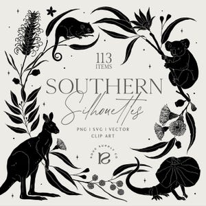 Peut inclure: Un ensemble graphique numérique intitulé 113 ITEMS SOUTHERN SILHOUETTES PNG | SVG | VECTOR CLIP ART ROUX SUPPLY CO présentant des silhouettes noires de koala, kangourou, lézard à collerette et possum entourées de feuilles et fleurs d'eucalyptus.