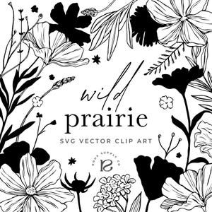 Prairie sauvage, illustration vectorielle, clipart SVG, fleurs sauvages dessinées à la main, dessin au trait botanique, silhouettes florales, mariage de printemps