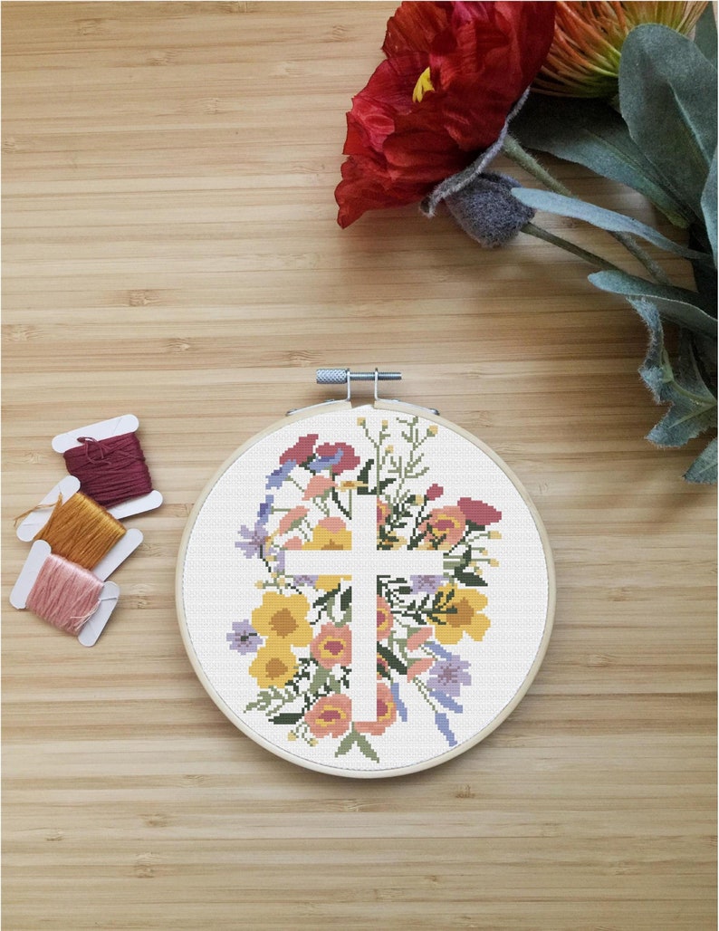 Cross Stitch PDF Pattern Wildflower Cross image 1