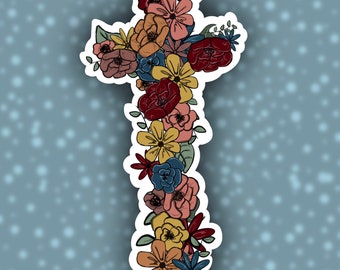 Waterproof Sticker, Girlfriend Gift, Flower Sticker, Cross Sticker Small, Cross Stickers for Waterbottle, Christian Gifts, Christian Sticker