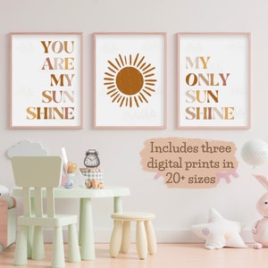 Neutral Wall Art Set of 3. You Are My Sunshine Print, Boho Nursery Decor, Kids Room Art, Printable Wall Art, Boho Baby, Neutral Nursery