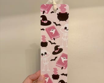 Pink Halloween Bookmark, Spooky Ghost, Witch Hat Bookish Gift