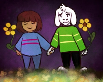 May include: A cartoon illustration of two characters, a girl with brown hair and a blue sweater holding a yellow flower, and a goat-like creature with a green and white striped sweater holding a yellow flower. They are standing in a field of yellow flowers against a purple background.