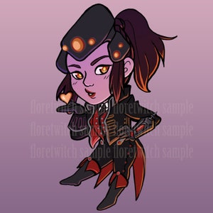 May include: A cartoon illustration of a character with purple skin, black hair, and a black and red outfit. The character is blowing a kiss and holding a heart in their hand. The character is wearing a black hat with gold accents.