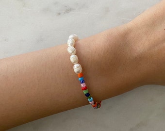 Two-Way Freshwater Pearl Beaded Bracelet, Beaded Bracelet, Pearl Bracelet, Seed Bead Jewelry, Beach Bracelet, Pearl Stretch Bracelet