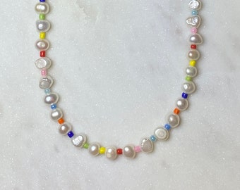 Colorful Flat Pearl Beaded Necklace, Beaded Jewelry, Rainbow Pearl Necklace, Gifts for Her/Him, Beaded Choker